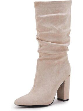 Women's Nude Winter Slouchy High Heel Boots Mid Calf Suede Slip on Pointed Toe